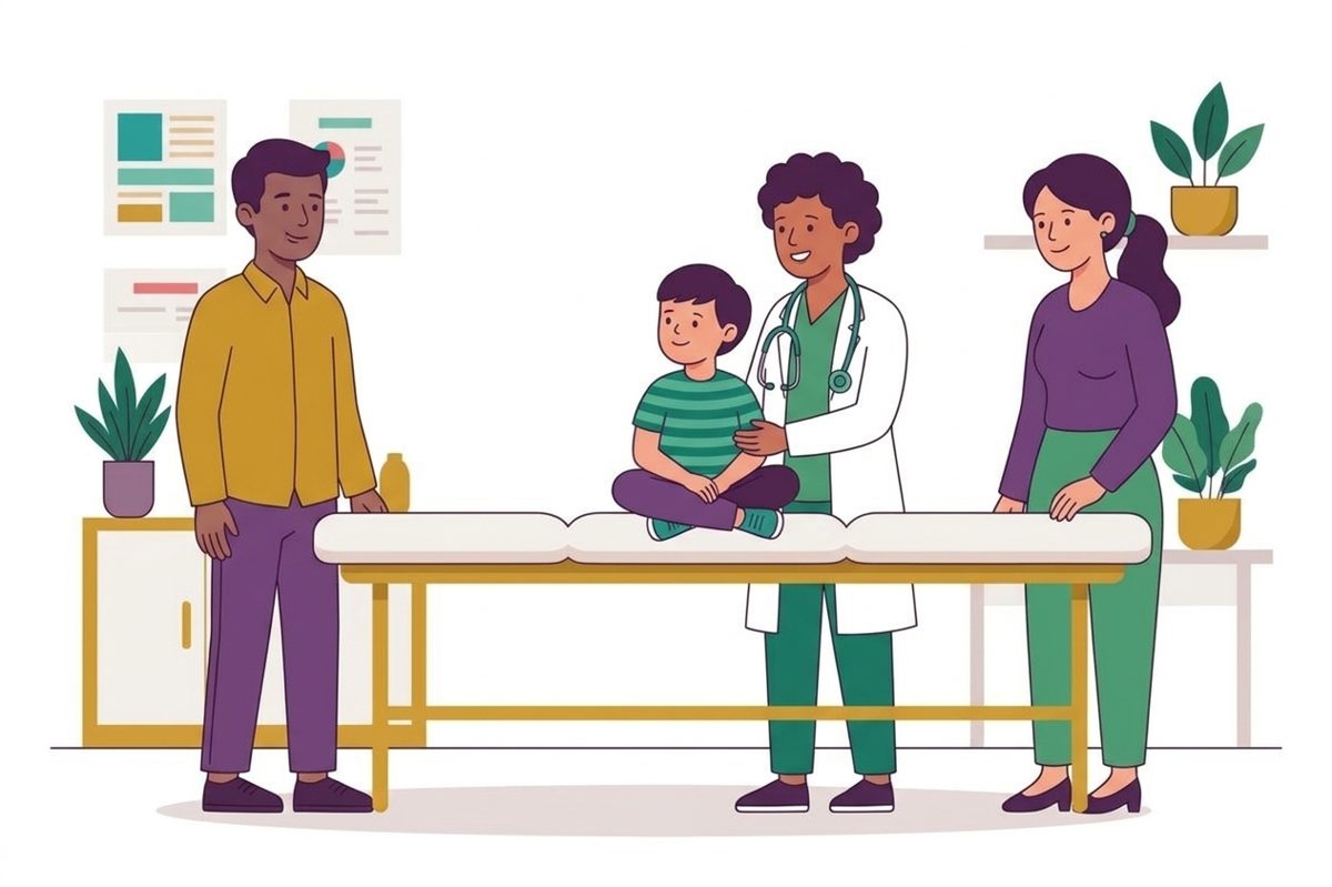 At the doctor: co-parents with their child