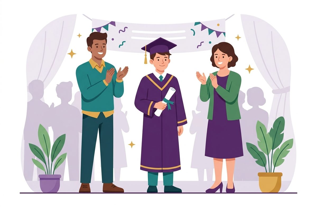 At graduation: co-parents with their child