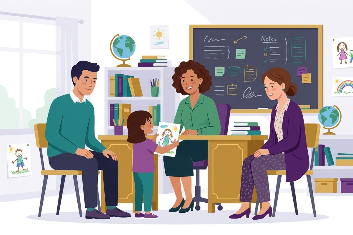 At school: co-parents with their child
